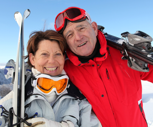 Senior couple - skiers.